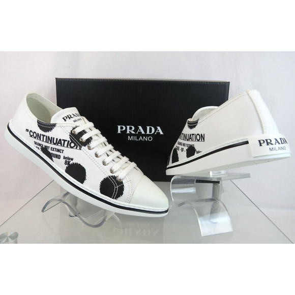 PRADA 1E617M WHITE BLACK POLKA CANVAS LOGO POINTY CAP LOW TOP SNEAKERS 38.5 - Picture 4 of 15